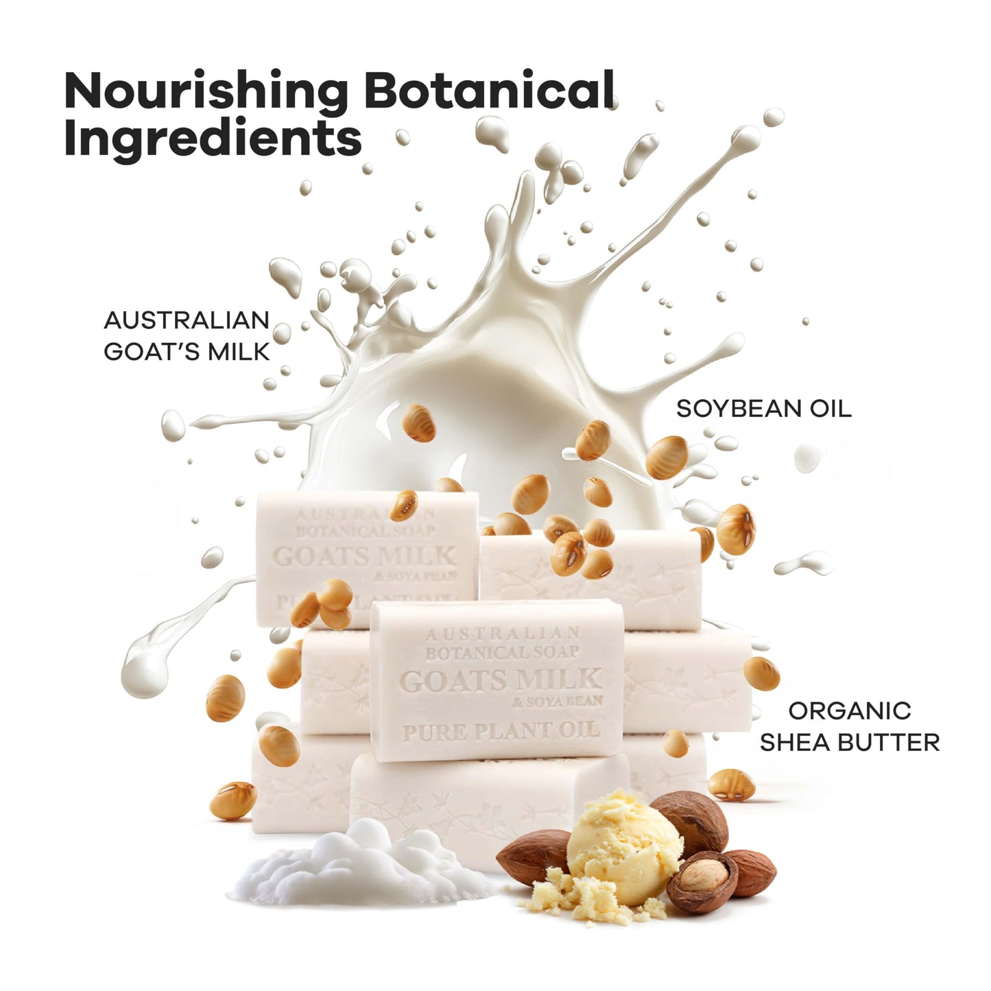 Australian Botanical Goats Milk Soap with Soya Bean Oil, Net Wt. 3.4 lb, 6.8 Ounce Bar Soap, Suitable for all Skin Types Pack of 8, Packaging May Vary