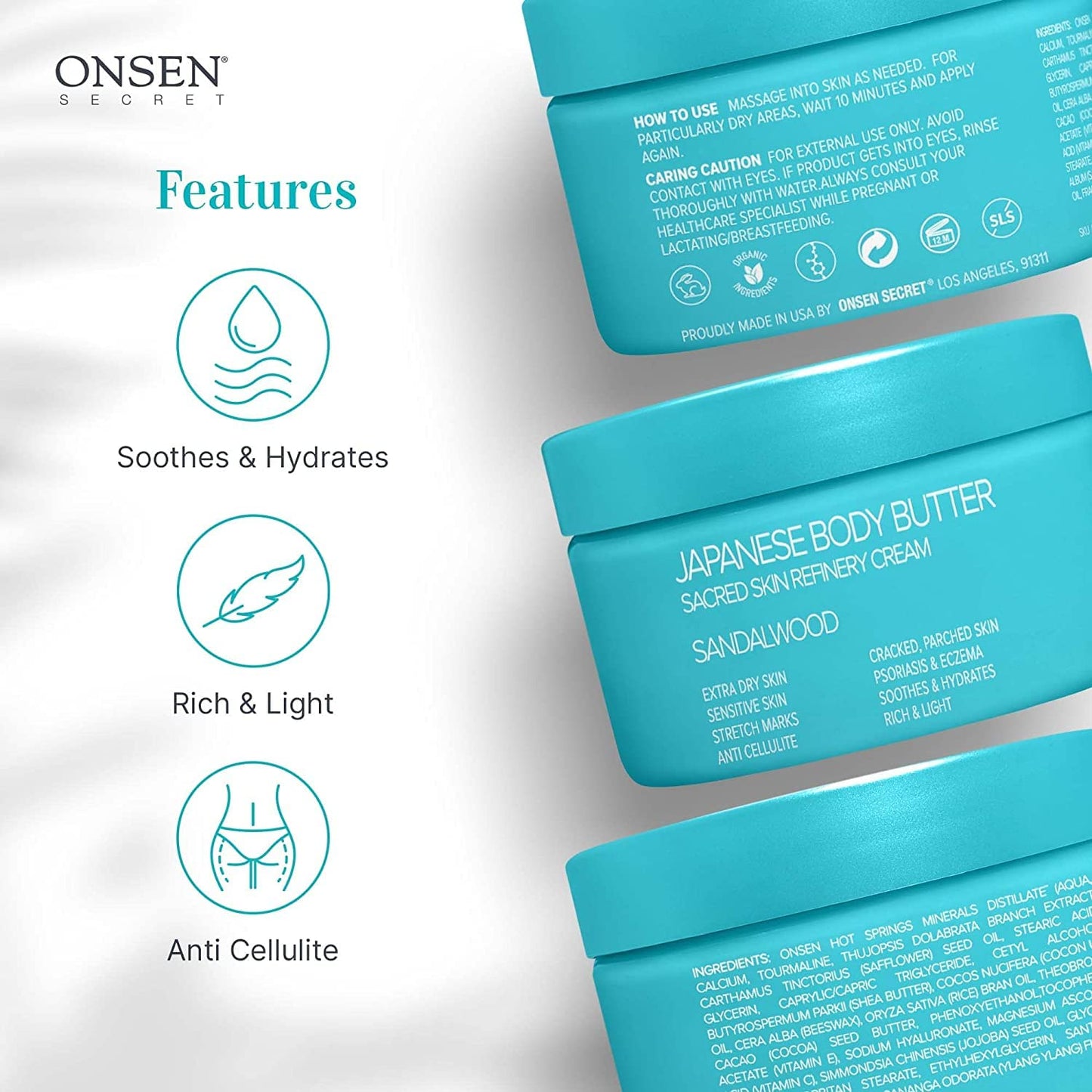 Onsen Japanese Body Butter for Women - Skin Refinery Cream Natural and Organic Shea Butter Moisturizing Clear Skin Exfoliator with Coconut Oil and Vitamin E - 8.6 fl oz / 255 ml (Sandalwood)