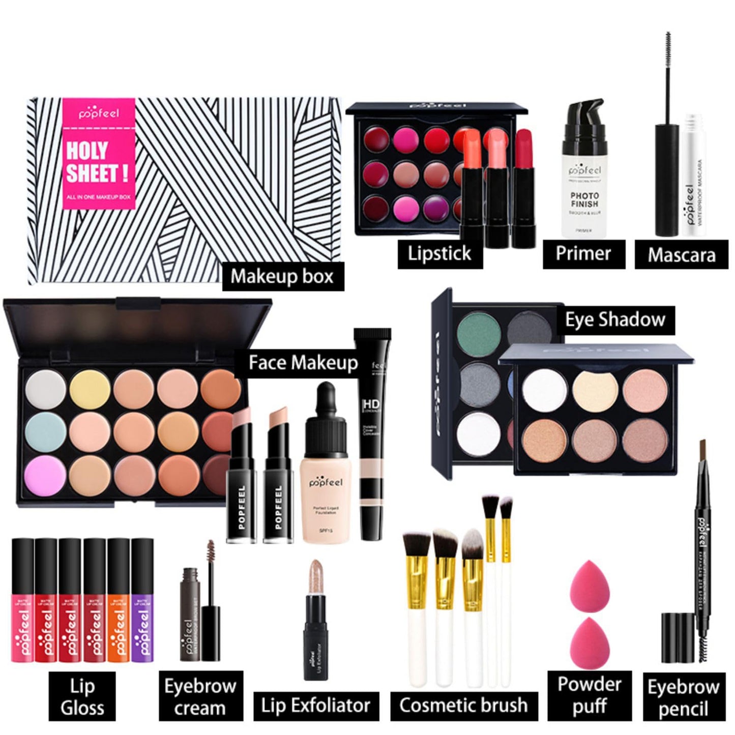 Pure Vie All-in-One Holiday Gift Surprise Makeup Set Essential Starter Bundle Include Eyeshadow Palette Lipstick Concealer Blush Mascara Eyeliner Face Powder Lipgloss Brush - Full Makeup Kit for Women