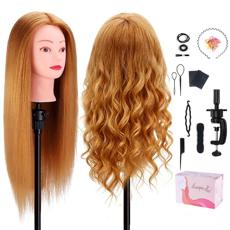 Mannequin Head with 80% Human Hair, TopDirect 24" Blonde Real Hair Cosmetology Mannequin Head Hair Styling Hairdressing Practice Training Doll Heads with Clamp Holder and Tools