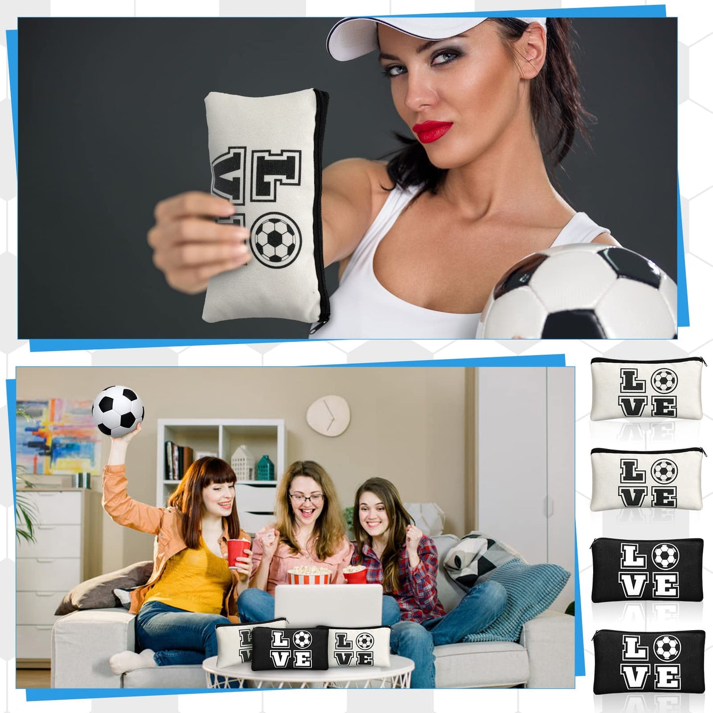Amylove 20 Pieces Soccer Makeup Bag Gifts Soccer Cosmetic Travel Bag with Words Toiletry Zipper Pouch Portable for Women Football Lover Players Team Accessories