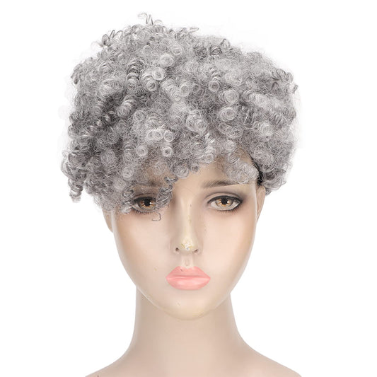 YUYTE Short Curly Afro Wig for Women, Synthetic Grey and with Bangs, Looking Short Hairstyle for Ladies