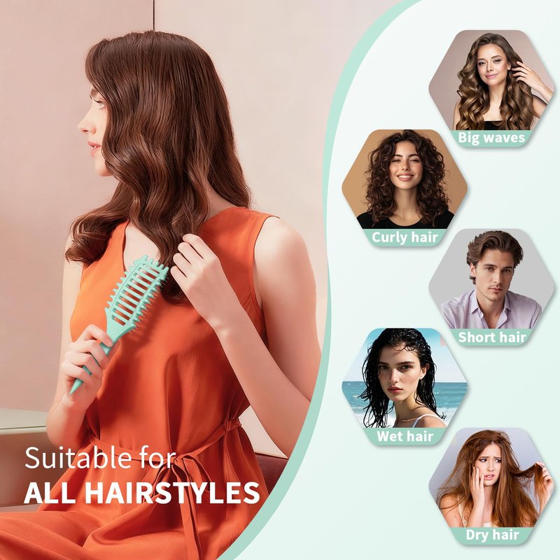 Curly Hair Brush for Women & Men, 4-in-1 Curl Defining & Detangling Brush – Anti-Frizz Anti-Static Styling Brushes with Crescent Shape & Ultra-Smooth Bristles, Wet Dry Hairbrush (Green)
