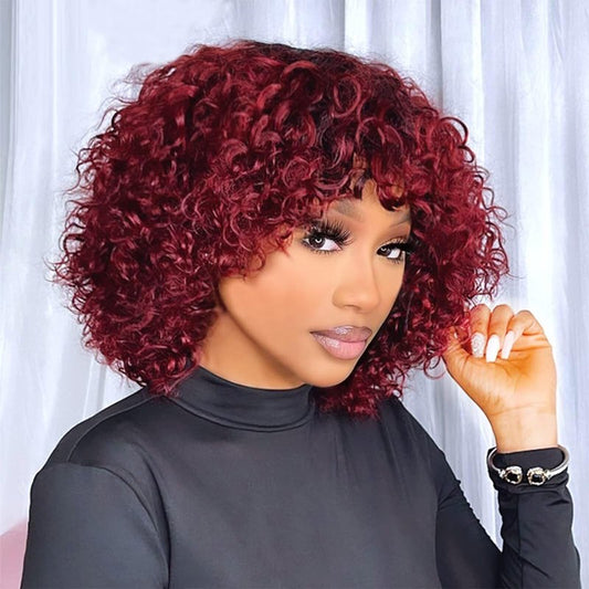 IMAYLI Curly Bob Wig with Bangs 10inch Short Curly Wigs for Black Women Human Hair 180% Density Glueless Water Wave Brazilian Hair wigs None Lace Front Wig P4/30