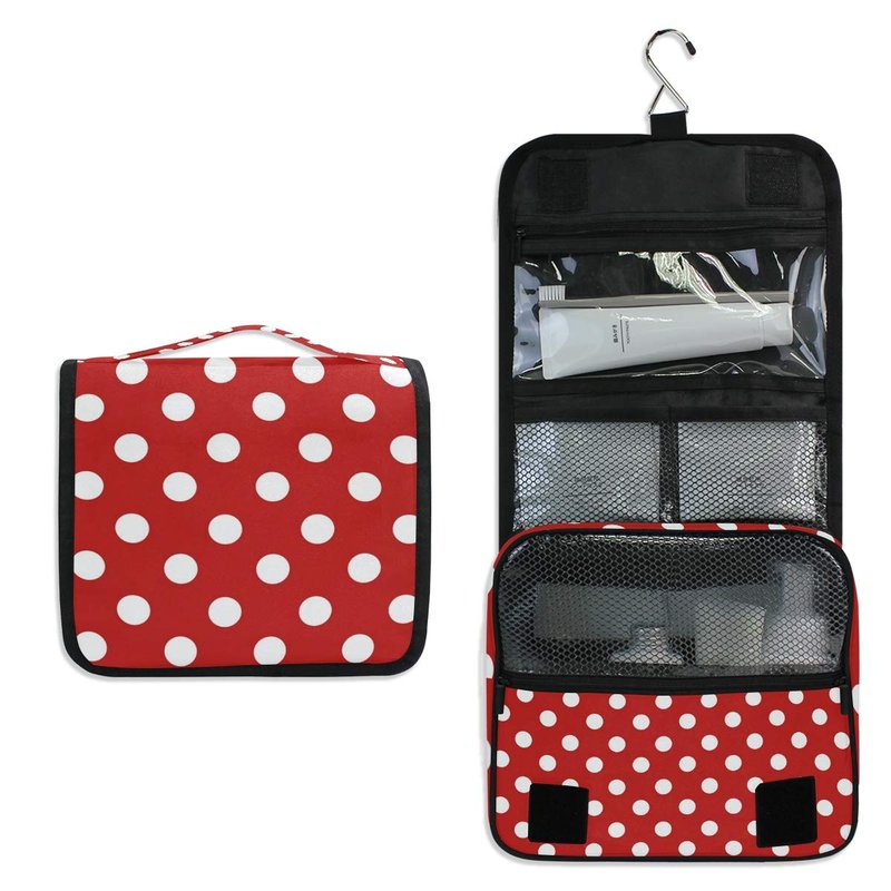 Bardic Hanging Travel Toiletry Bag for Women, Polka Dot Print Travel Makeup Bag Red White Polka Dot Portable Cosmetic Bag Travel Organizer for Toiletries Accessories
