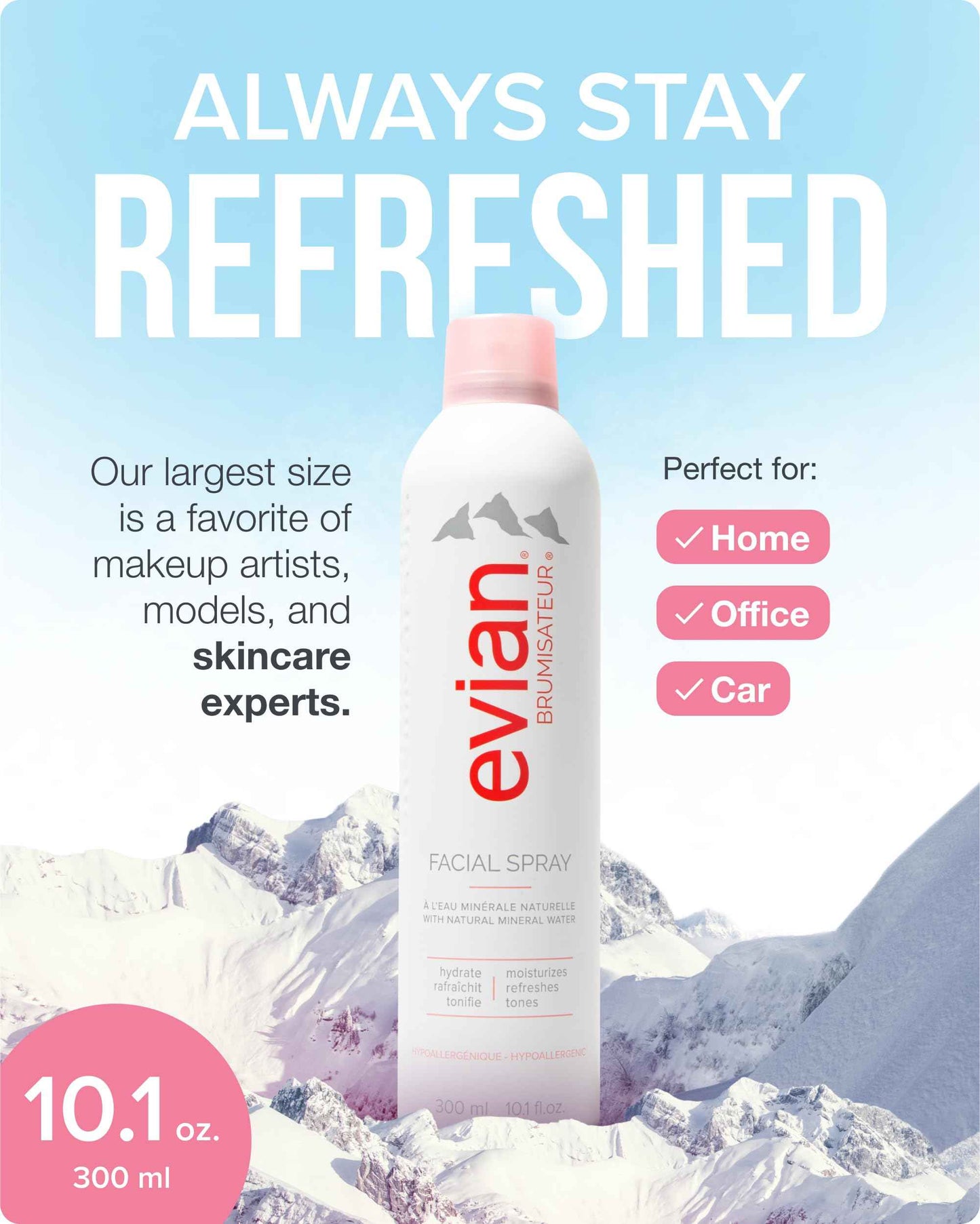 Evian Facial Spray 10.1 oz - Hydrating Mineral Water Mist for Face & Skin - Refreshes Makeup, Sets, & Tones - Daily Skincare Essential for Hydration and Moisturizing