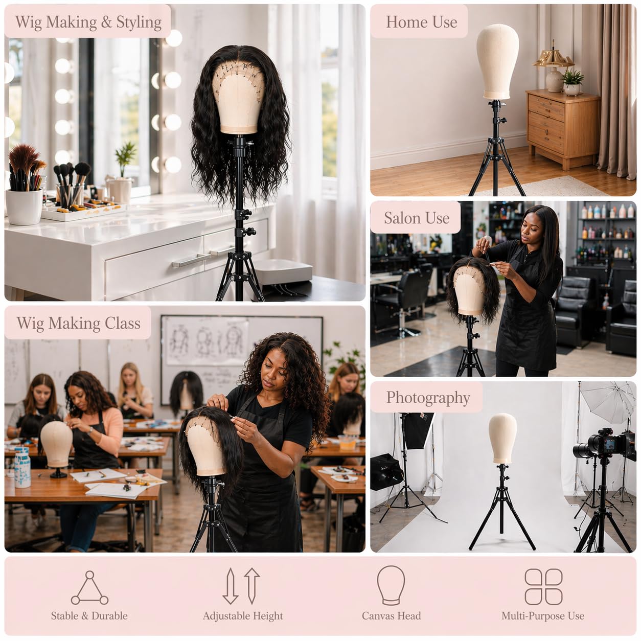 Wig Stand with Head 22 Inch Canvas Mannequin Head Set, 61'' Adjustable Tripod Wig Head Stand for Wig Making, Styling, Braiding, Professional Wig Mannequin Head Kit with T Pins, Wig Caps & Tools