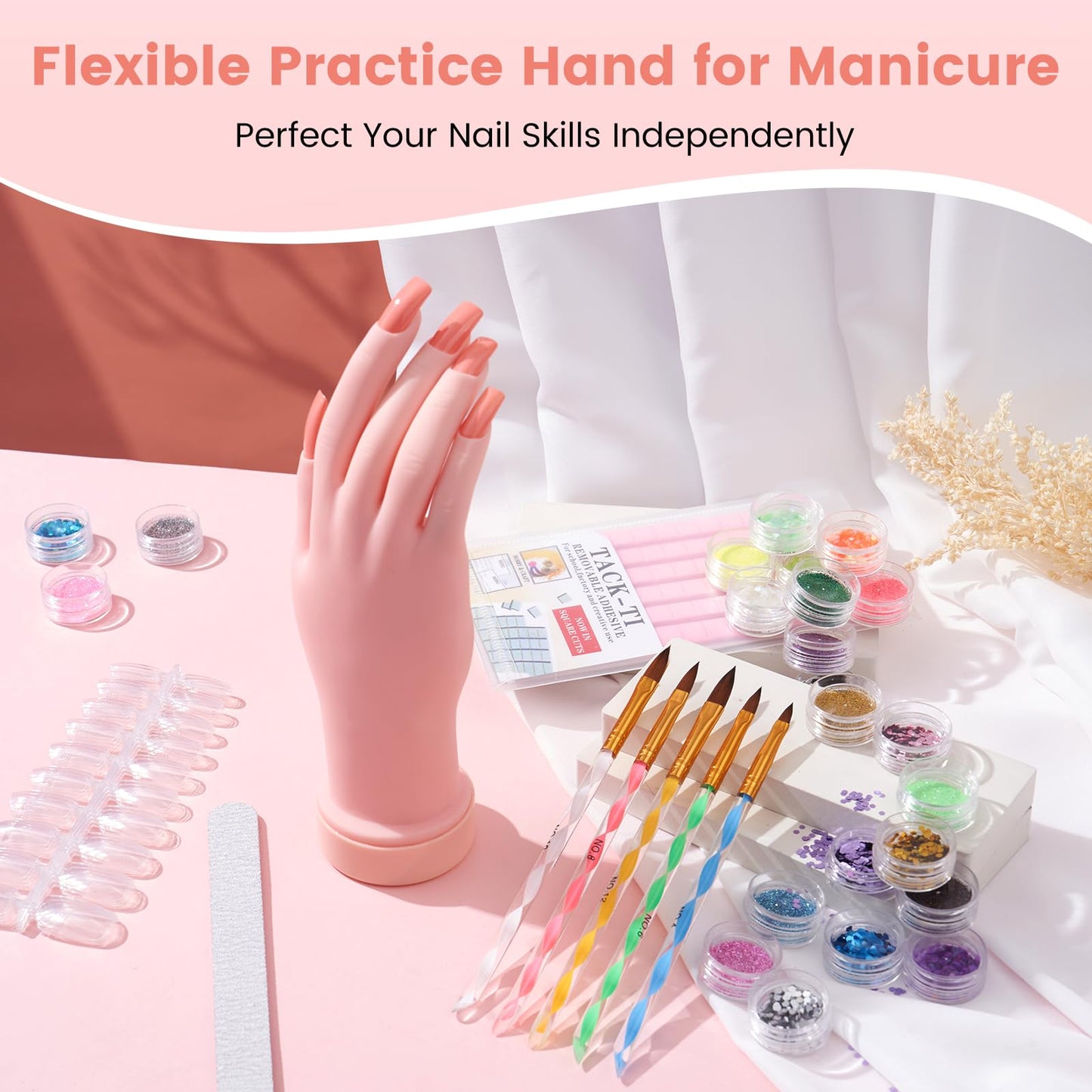 Nail Kit for Beginners with Everything: Practice Nail Hand Acrylic Set Professional Powder Liquid Starter Kits with Drill U/V Lamp in Cosmetic Gift Bag for Salon Home (Pink)