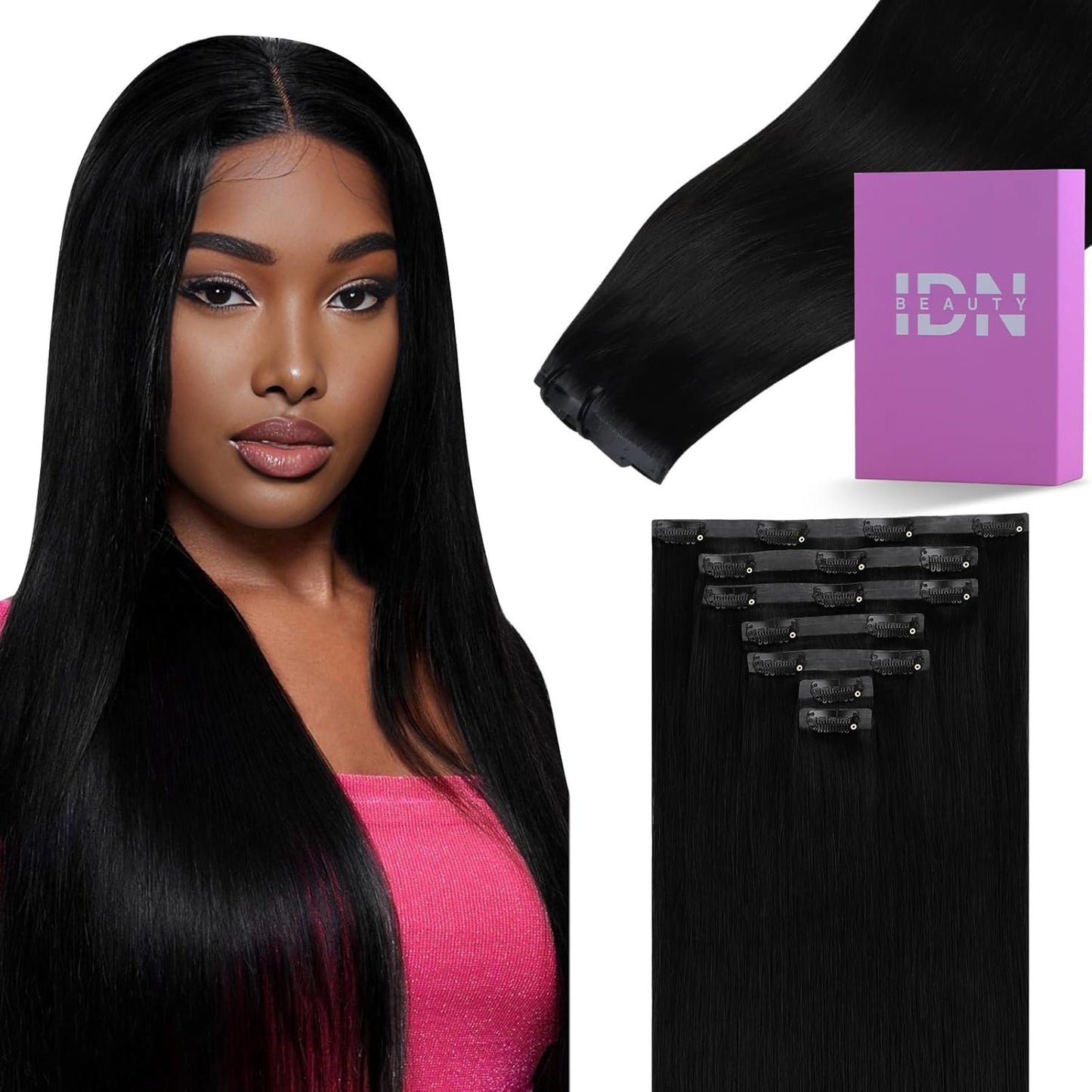 Seamless Clip-In Hair Extensions - Jet Black Real Remy Human Hair | Thick & Soft 12 Inch PU Weft for Black Women