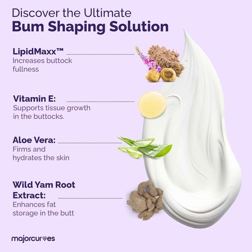 Major Curves Bum Booster Cream – Butt Enhancement Cream for Women – Natural Booty Lift & Firming with LipidMaxx, Wild Yam & Aloe – Bigger, Rounder Bum in 2 Weeks – 6 oz