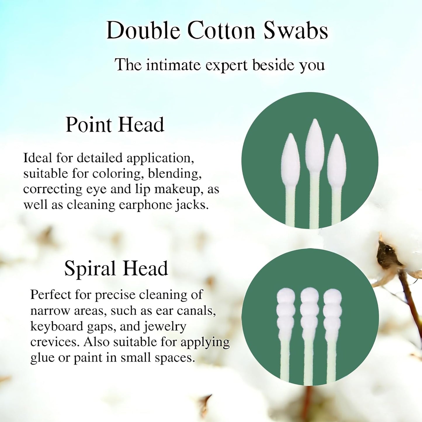Individually Wrapped Cotton Swabs - 1000 Count Travel Swabs for Ear & Makeup | Green Spiral Pointed End