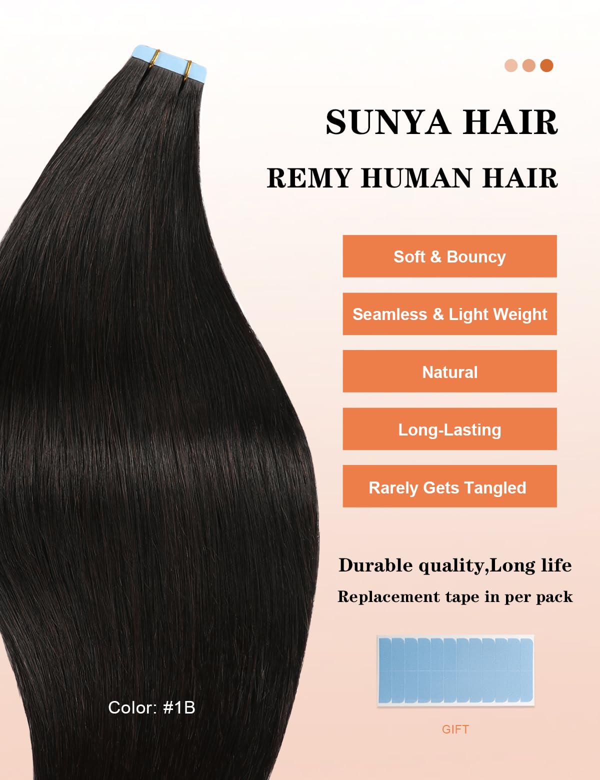 Sunya Tape in Hair Extensions Human Hair 18 Inch Straight Remy Human Hair Tape in Extensions Seamless Skin Weft Natural Black Tape in Hair Extensions #1B 50g 20Pcs/Pack
