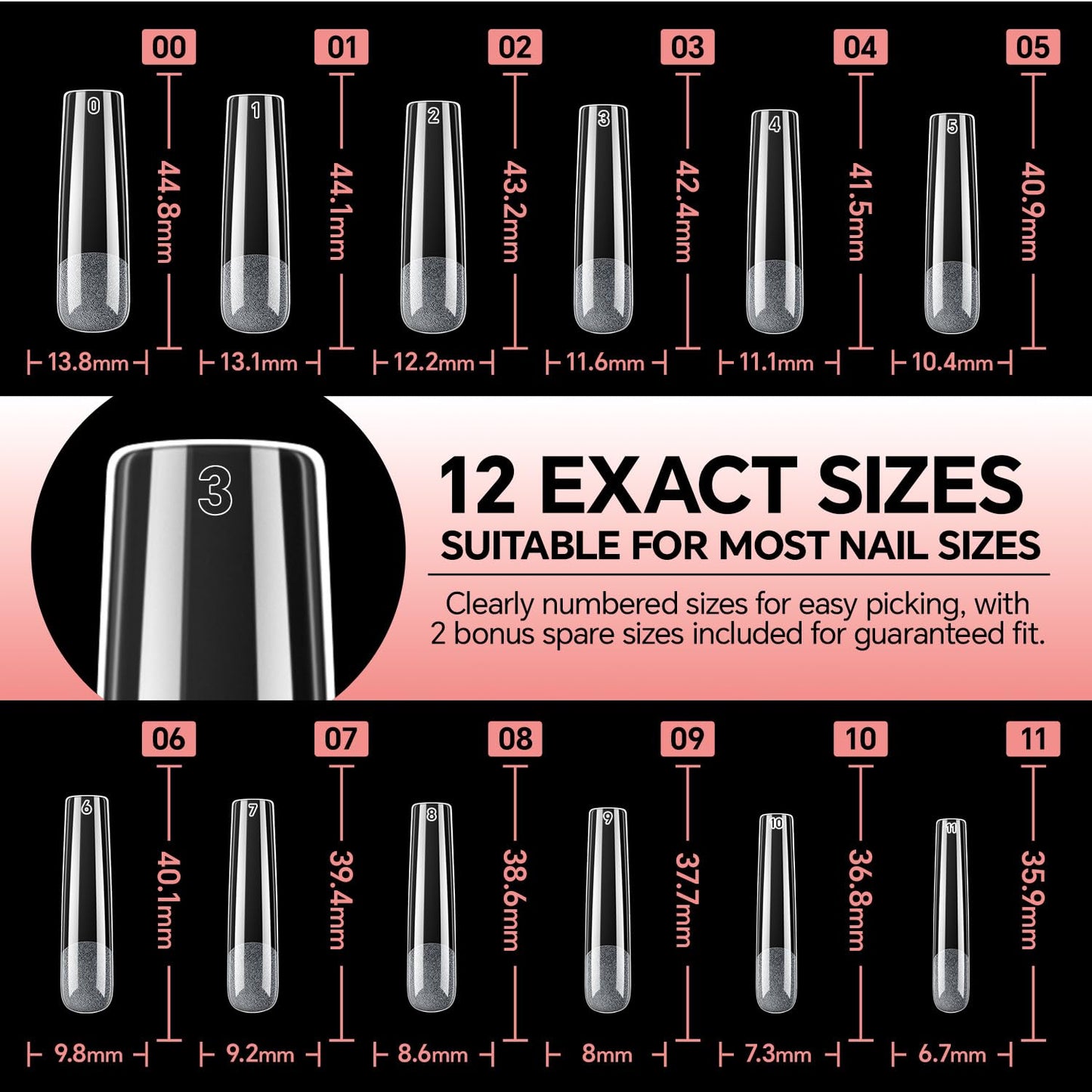 Luckyfairy XXL No C Curve Square Flat Nail Tips, 240pcs Extra Long Straight Tapered Acrylic Gel Fake Nails, Matte Full Cover Clear Press on for Extension Manicure Home DIY 12 Sizes Gelly Tips