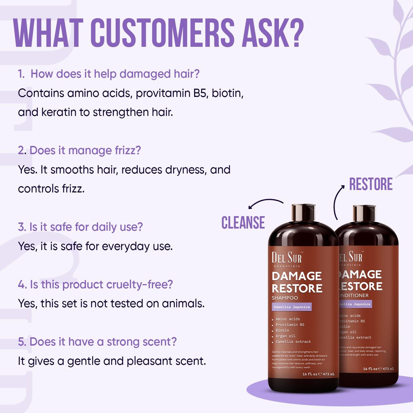 DEL SUR Hair Repair Shampoo and Conditioner Set | 16 fl oz Each | with Camellia Japonica, Amino Acids, Biotin & Argan Oil | Moisturizing Strength & Damage Repair for Dry, Damaged Hair