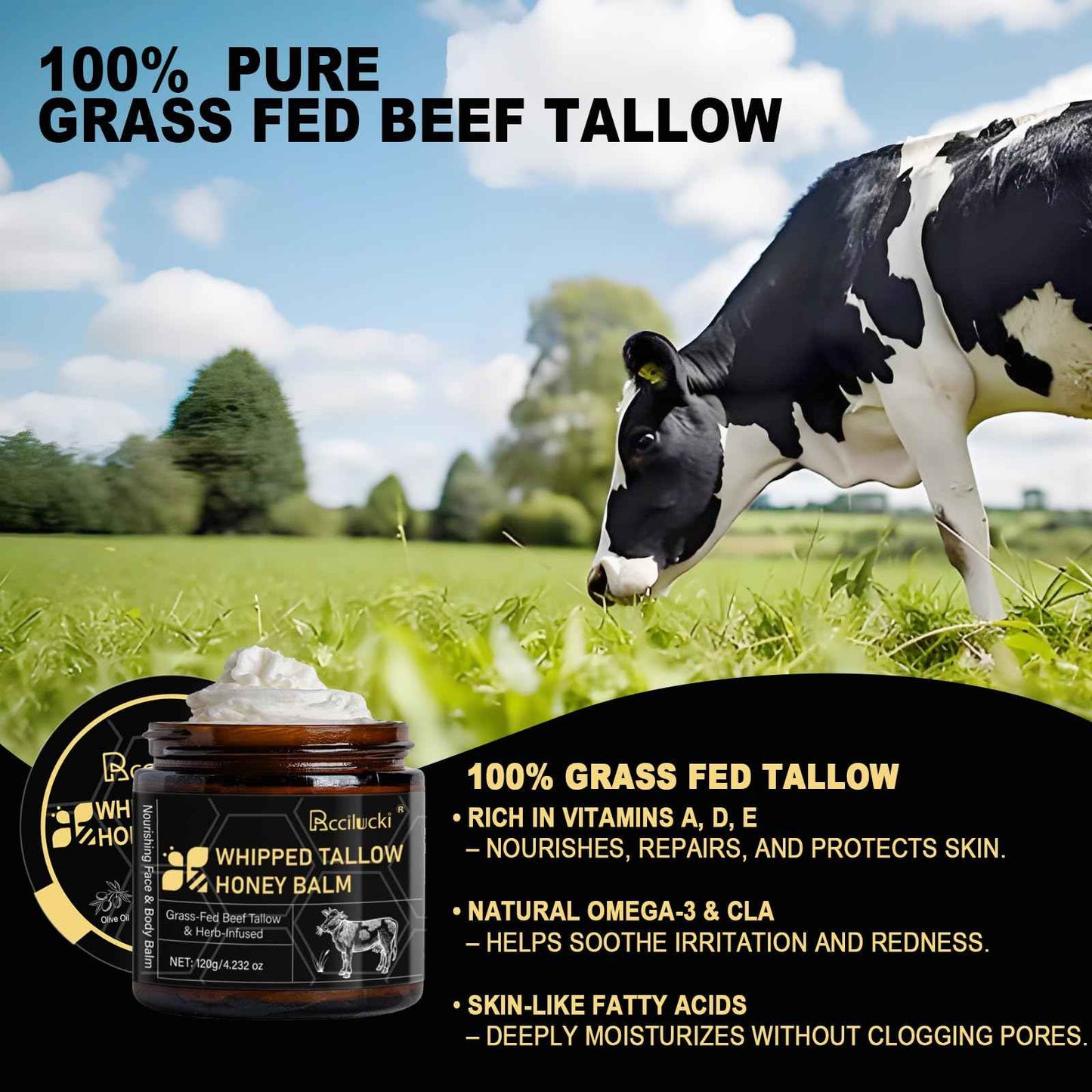 Rccilucki Whipped Tallow Honey Balm for Face & Body – Grass-Fed Whipped Beef Tallow Moisturizer 4.23oz | Organic Tallow Balm with Raw Honey, Vitamin E | Non-Greasy Formula