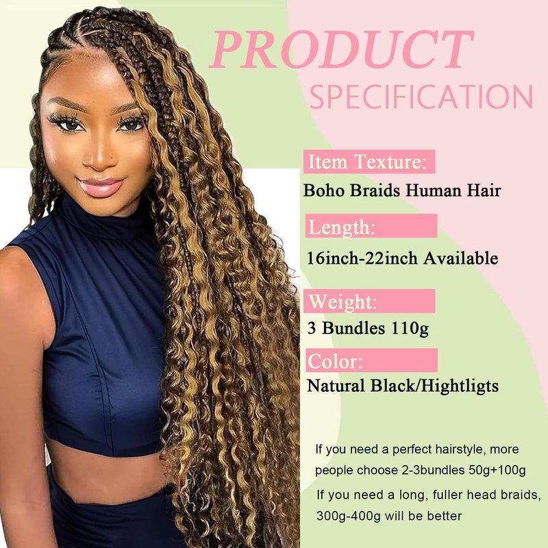 Boho Braids Human Hair for Braiding 110g 22 Inch 12A Deep Water Wave Bulk Human Braiding Hair for Boho Braids Knotless Highligts Wet and Wavy Virgin Extensions Bohemian No Weft Curly 3 Bundles P4/30