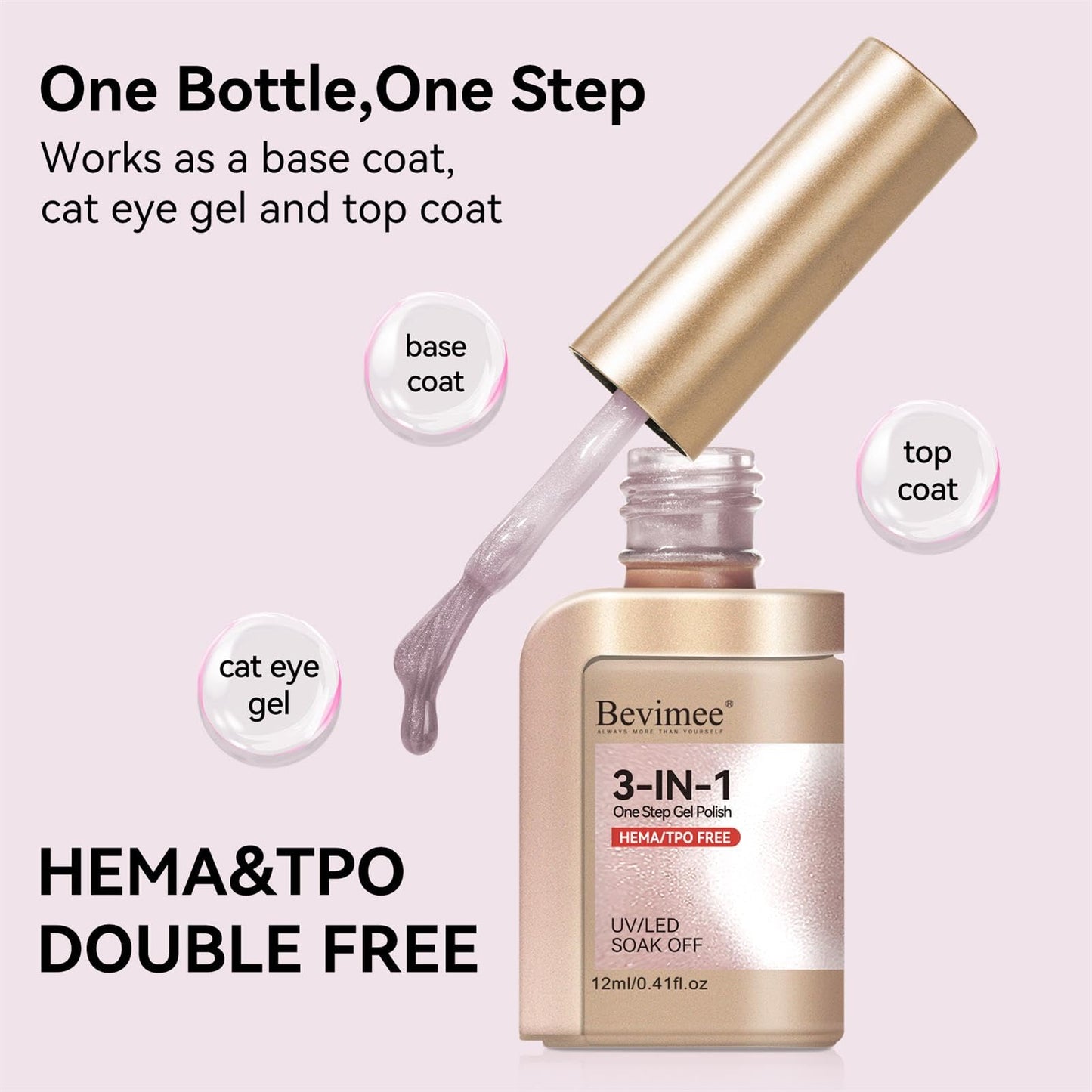 Bevimee One Step Gel Polish 3-in-1, Pink Cat Eye Gel Nail Polish With Magnet, HEMA TPO Free Shimmer Magnetic Cateye Gel Polish Soak Off UV Nail Art Design Manicure DIY 12ml