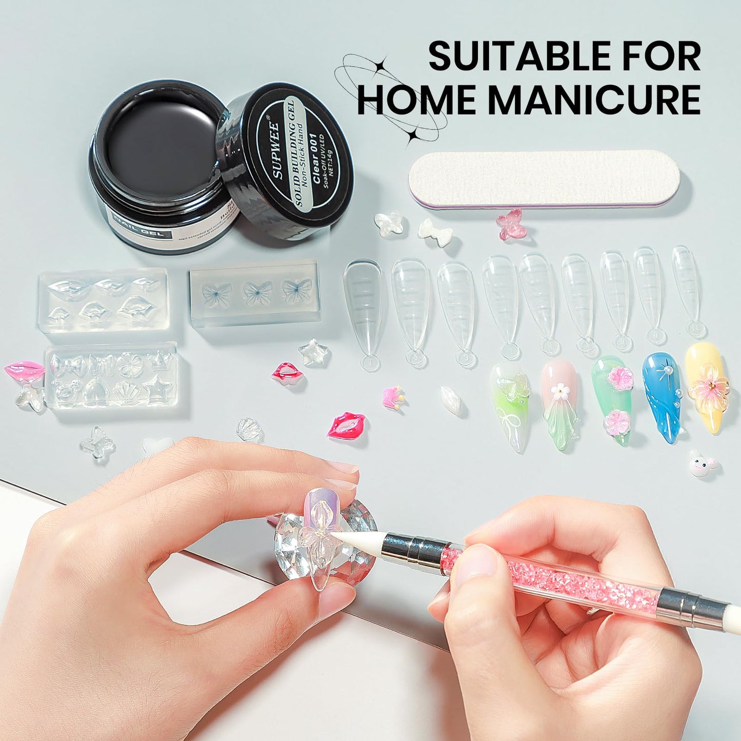 SUPWEE Clear 3d Nail Gel Sculpting Gel, Non Stick Hand Moding Gels for Nails with 3D Silicone Nail Art Molds Solid Builder Sculpture Hard Gels for Extend Home DIY Manicure