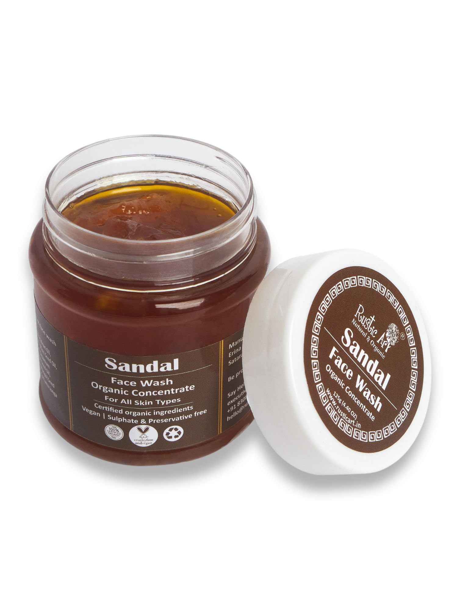 Rustic Art Sandalwood Face Wash - Natural Turmeric & Mango Butter Cleanser, Glowing Skin - Sulfate Free, Vegan - 4.4oz