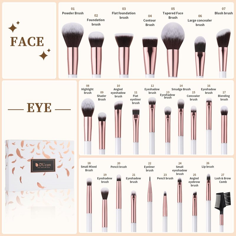 DUcare Makeup Brush Set Professional 27Pcs Makeup Brushes Premium Synthetic Kabuki Foundation Blending Face Powder Blush Concealers Eye Shadows Make Up Brushes Kit White