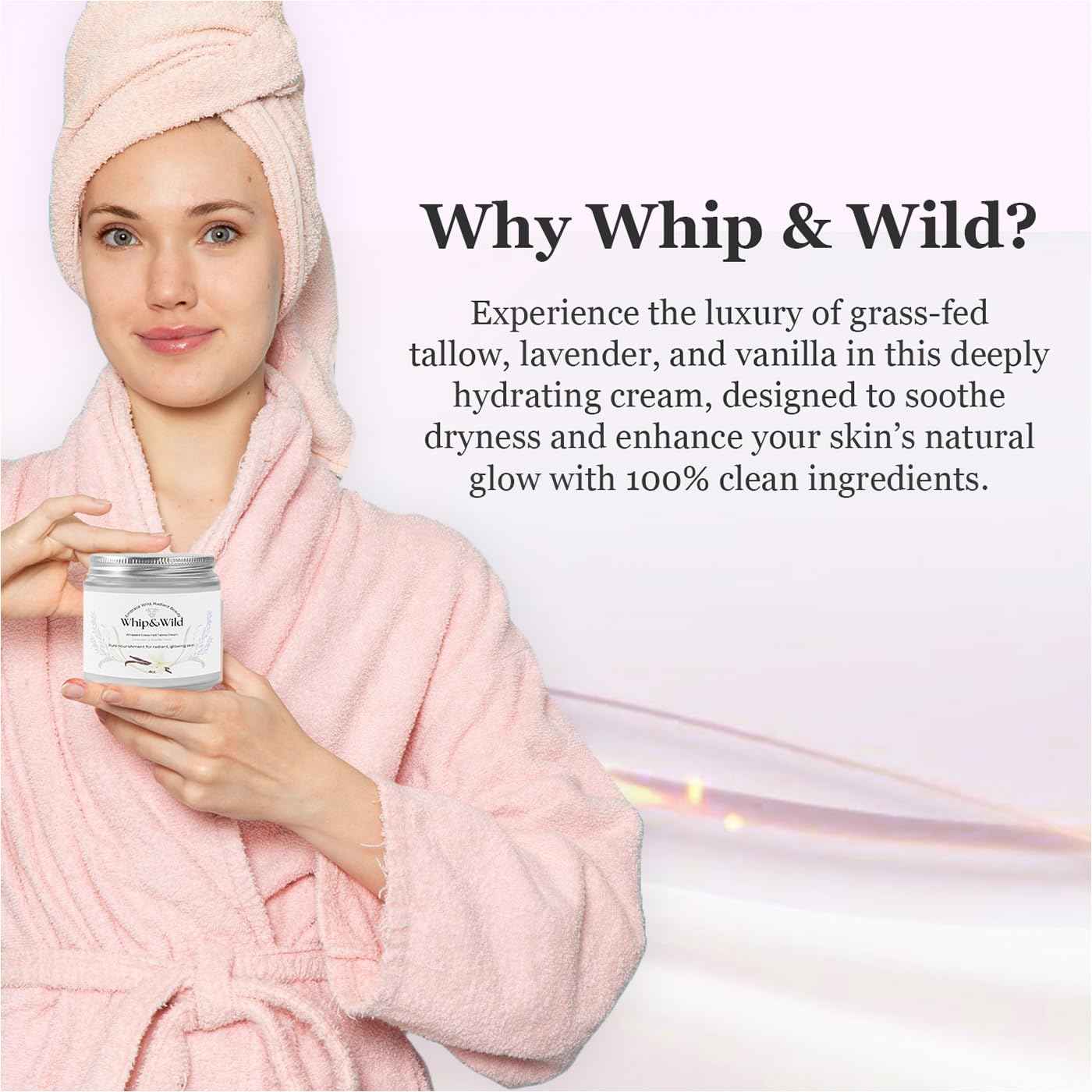 Whip & Wild 100% Grass Fed Beef Tallow for Skin Care Face + Body - Whipped Moisturizer for Sensitive Skin - Natural Lotion, 4 FL. oz. Lavender Vanilla Scent