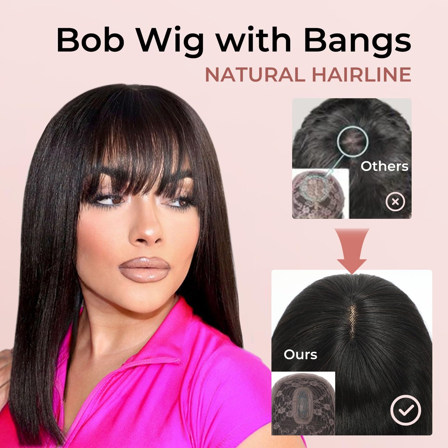 KEPWIN Bob Wig with Bangs Human Hair Wig 2x1 Closure Transparent Lace Bob Glueless Wigs Human Hair Short Wigs Straight Wigs for Black Women Wear and Go Natural Black 180% Density 10Inch