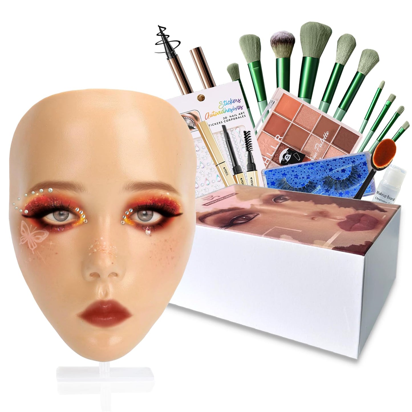 Penugo Makeup Practice Kit, Silicone Mannequin Face with Brushes, Shadows & Eyebrow Pencil - Bright
