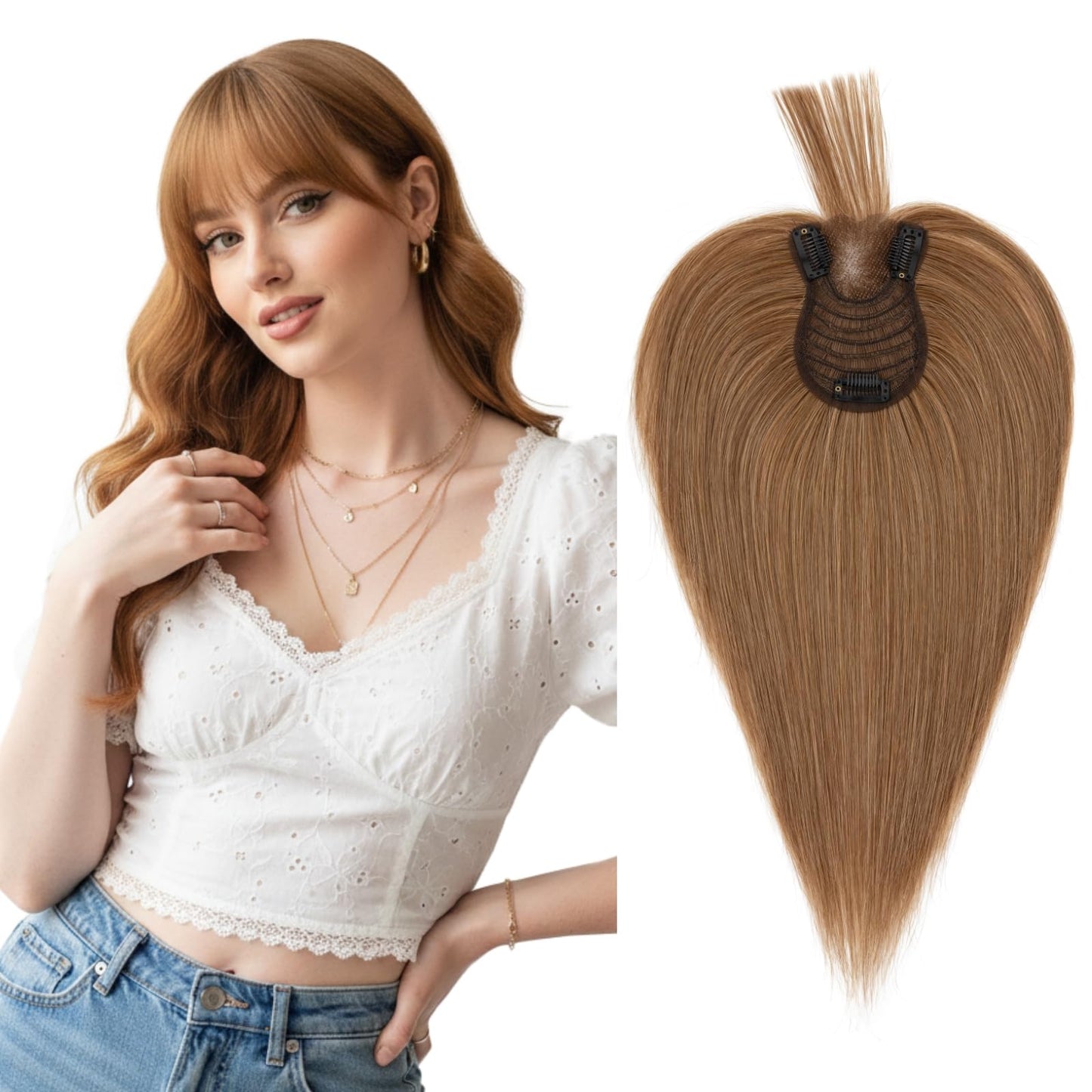 SEGO Pro Hair Topper with Front Bangs, 10 Inch Human Hair Topper for Thinning Hair, 3.15"x4.53" Silk Base for Hairline & Part Coverage, #6 Light Brown