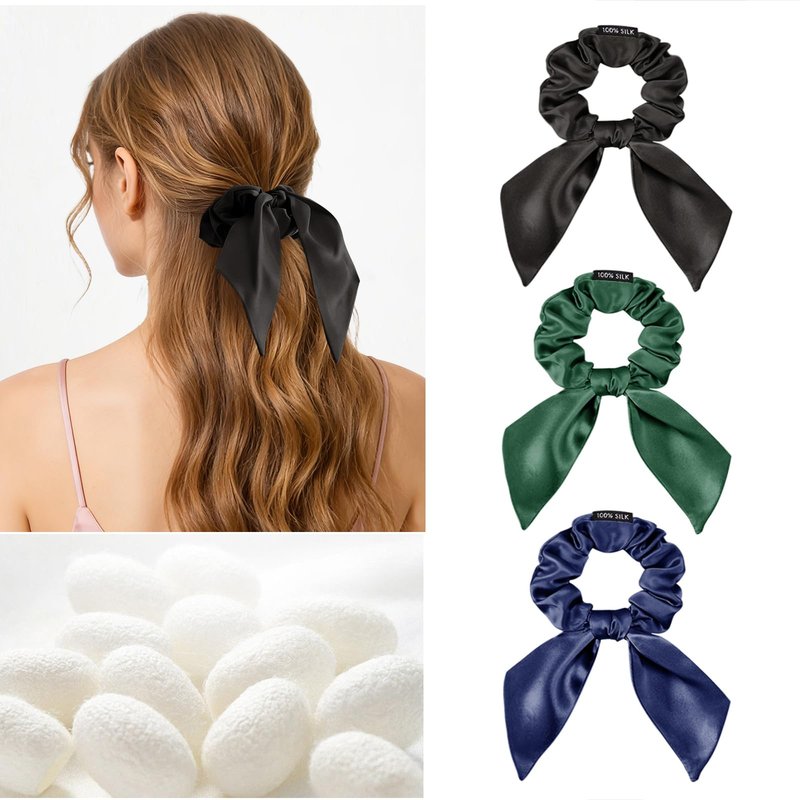 THXSILK 100% Mulberry Silk Bow Scrunchies 3-Pack, 22 Momme Mulberry Silk Hair Ties for Women, Cute Bunny Ear No Damage Ponytail Holders, Fashion Hair Accessories for Girls(M, Dark Colors)