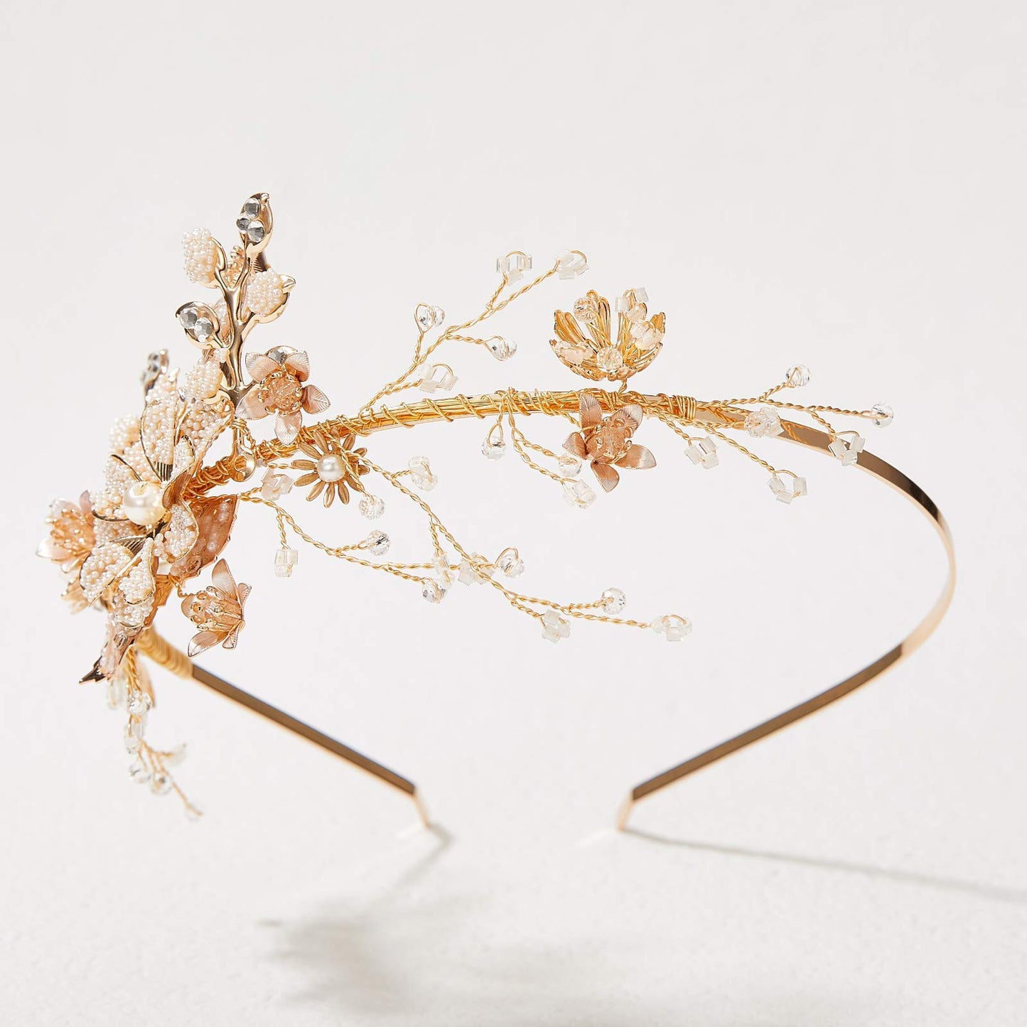 SWEETV Flower-Leaf Bridal Headband Gold Crystal Tiara for Women Pearl Wedding Headpieces for Bride Hair Accessories for Prom Birthday Party