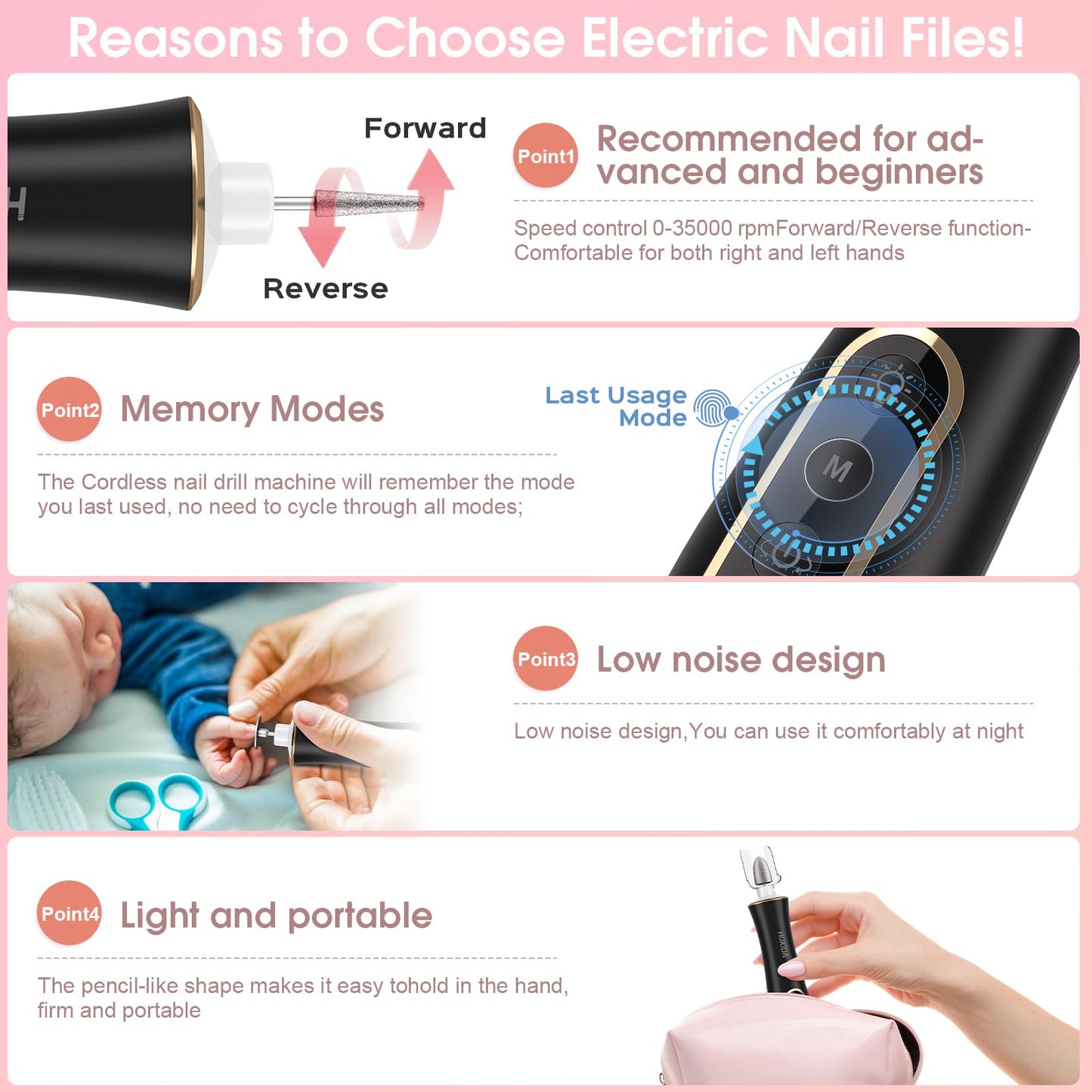 Professional Manicure Pedicure Kit with 360° LED Light&10 Speeds&Memory Mode with Case, Cordless Electric Nail Drill, Pedicure Tools for feet,Hand Foot Care Nail File for Thick Nail Toenail Cuticle