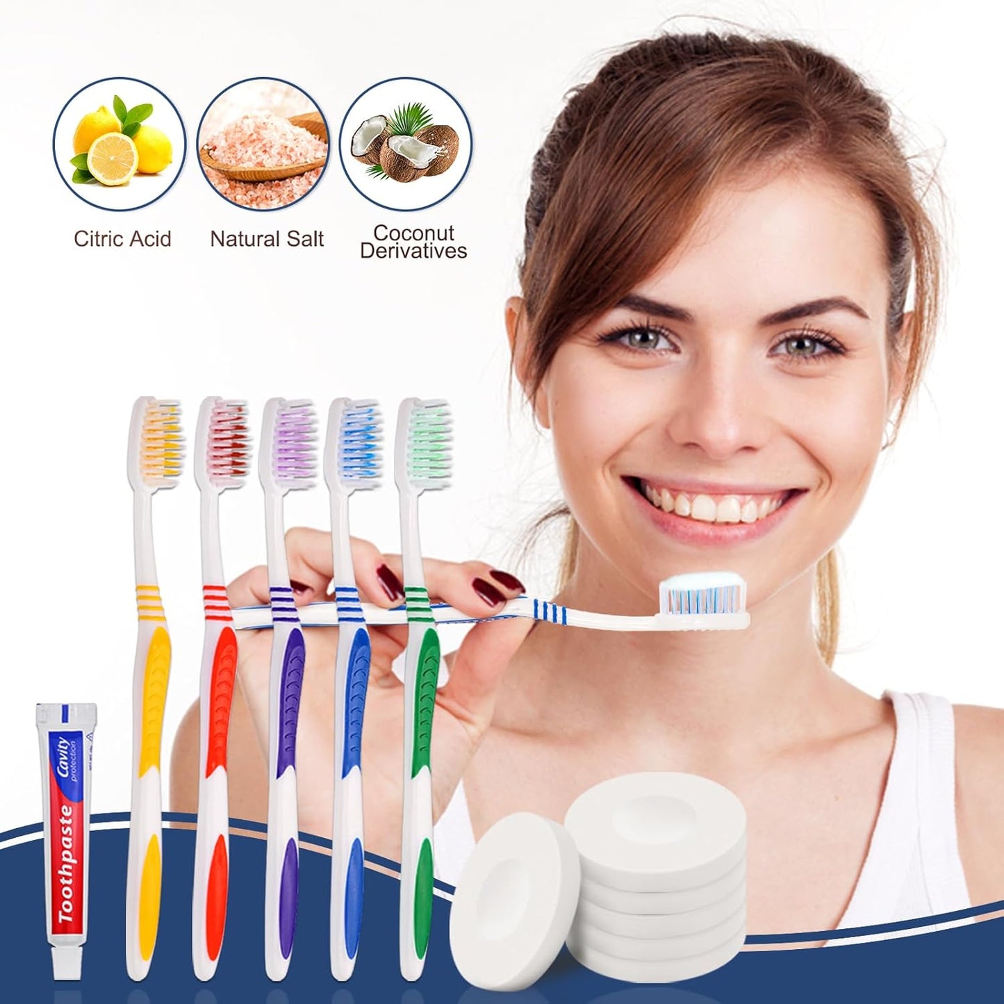 Disposable Toothbrush Set - 50 Individually Wrapped Toothbrushes with Toothpaste & Soap | 5 Colors, 0.5 oz Bars