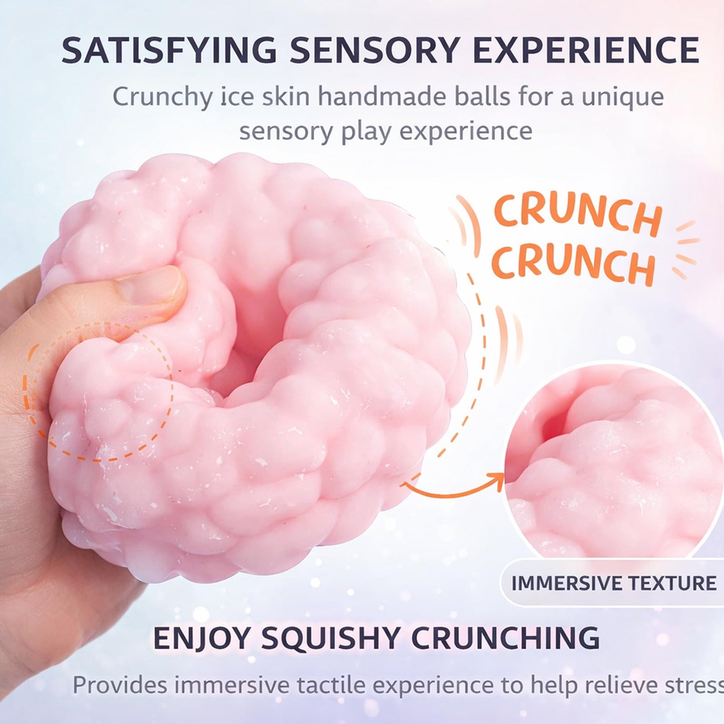 Crunchy Squishy Sand Stress Ball, Ice Skin Fidget Moldable Slow Rising Sensory Squeeze Balls, Stress Relief for Office Desk, Relaxing Fidget Gift (Pink)