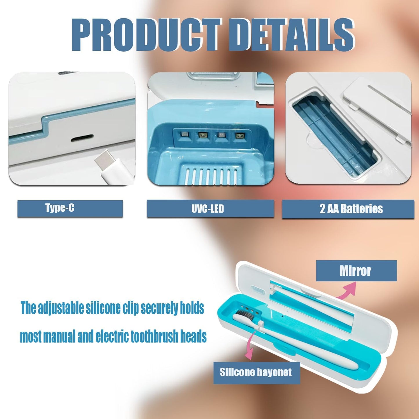 UWTLFCE UV-C Toothbrush Case for Travel, Portable Toothbrush Case with Holder, USB-C or AA Battery Powered, Plastic Tooth Brush Container Cover for Household STB-062 Blue