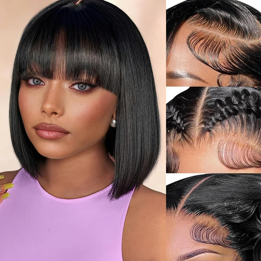 Lusina Bob Wig Human Hair with Bangs Glueless 2x4 HD Lace Colsure Wigs Human, Ready to Go Short Wigs For Women Beginner Friendly (Black, 12 Inch)