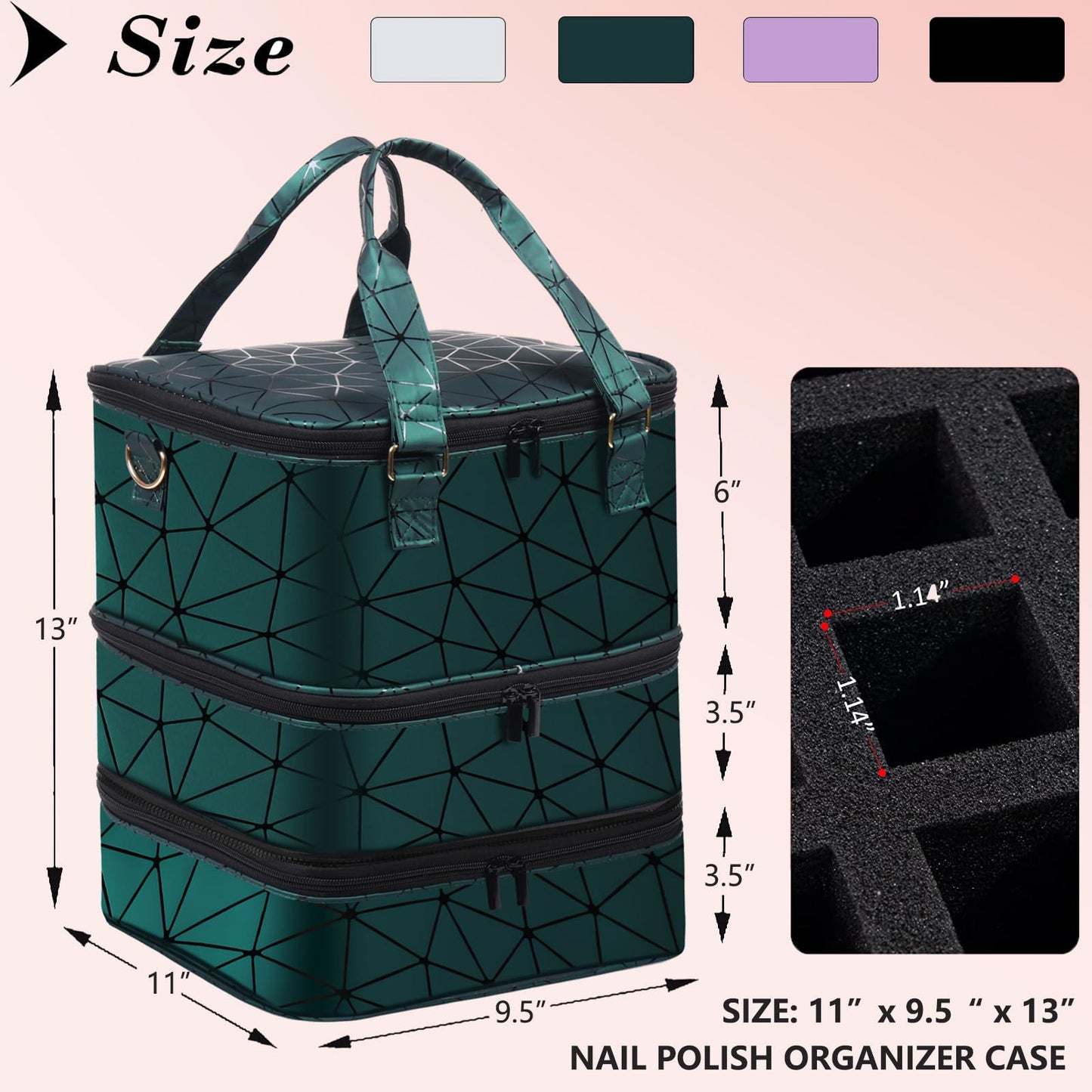 FCQQYWZ Large Nail Polish Organizer Case Hold 84+ Bottles Nail Polish & Nail Lamp, 3 Layers Nail Organizers and Storage for Nail Tech with Divider, Travel Carrying Case(Green)