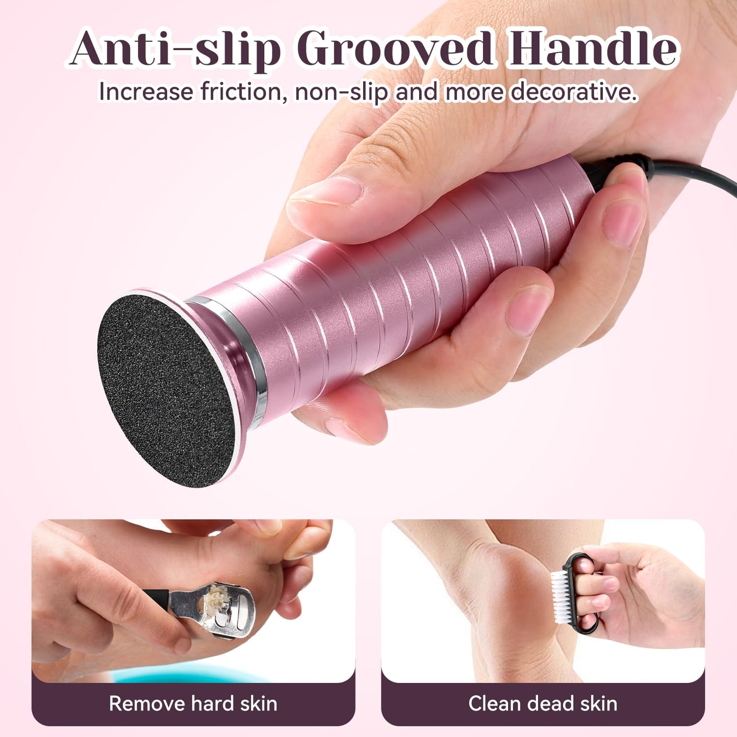 Electric Callus Remover for Feet, Adjustable Speed Foot Sander, Powerful Foot Grinder for Dead Skin, Pedicure Feet Care Tool with 60 PCS Sandpaper Disk, Electric Anti-Slip Foot File (Pink)