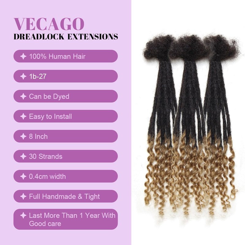 Human Hair Loc Extensions - 8 Inch Curly Ends, 30 Strands, 0.4cm Width | #T27