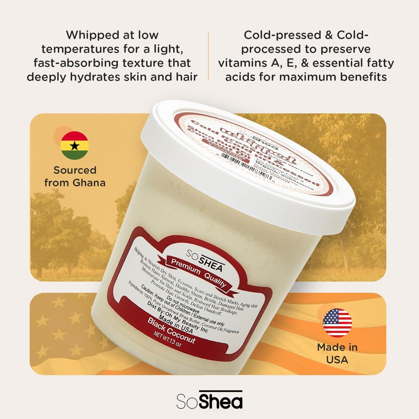 SoShea Whipped Shea Butter Black Coconut - Nourishes, Moisturizes & Renews | 100% African Pure Shea Butter | Cold-Pressed & Cold-Processed | No Dyes & Parabens | Vegan | 11.50oz / 326oz
