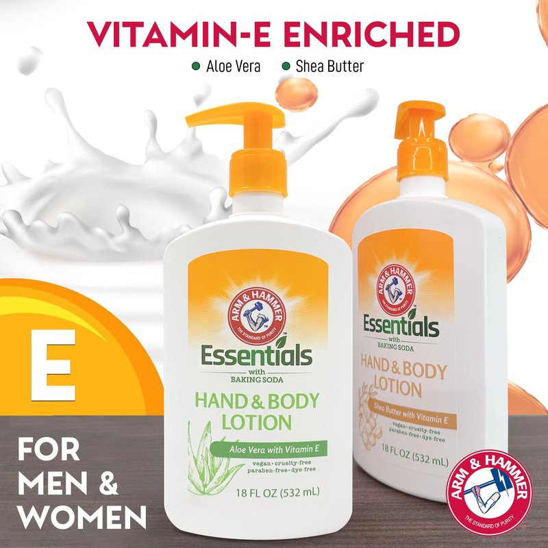 Arm and Hammer Essentials Hand & Body Lotion For Women and Men with Vitamin E 18oz Shea Butter Moisturizing Lotion for Dry Skin, Softness, and Hydration