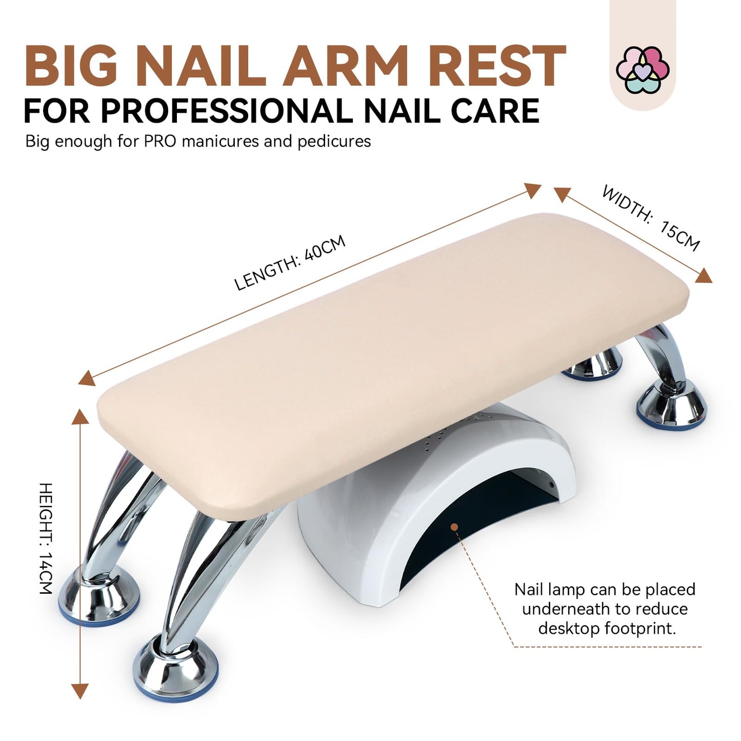 SAVILAND Arm Rest for Nails Tech Professional: 15.7" Full-Length Nail Arm Rest for Apricot Super-Comfort Big Nail Arm Restwith Microfiber Leather Mat Height Hand Pillow Cushion Nail Salon Manicure