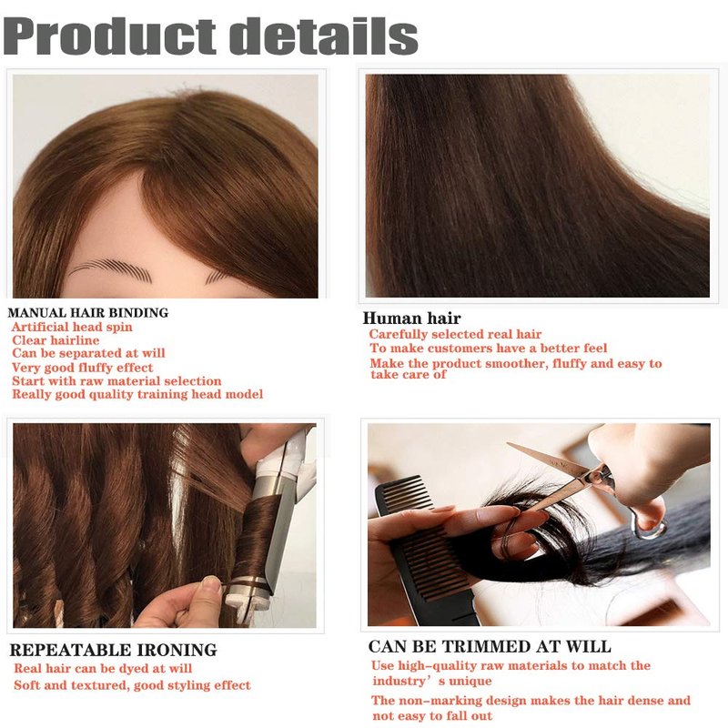Mannequin Head with 100% Human Hair, SZCY LLC 18" Dark Brown Real Hair Cosmetology Mannequin Head Hair Styling Hairdressing Practice Training Doll Heads with Clamp Holder