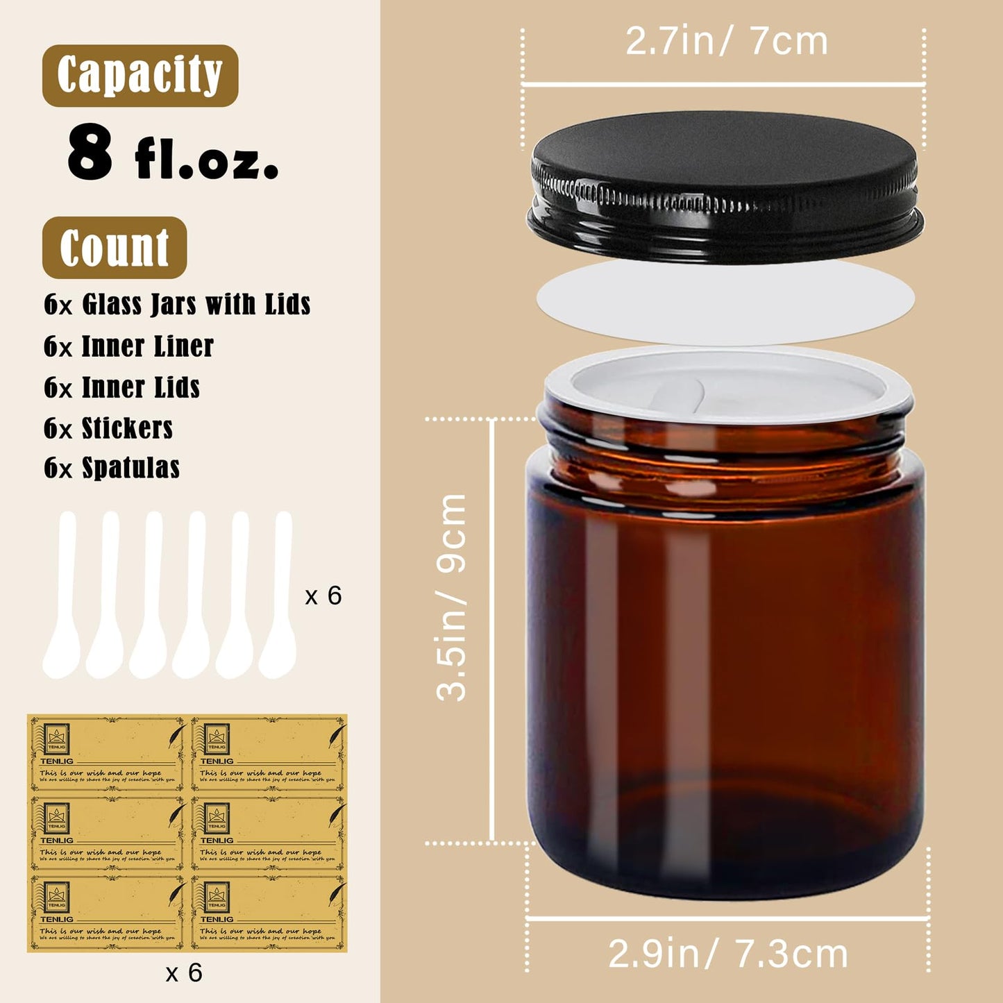 TENLIG 8 oz Glass Jars with Lids,Amber,6 Pack Empty Cosmetic Containers with Inner lids and Inner Liners,Black Metal Lid,Refillable Round Airtight Jars,Use to store Lotion,Powders,Candle Making