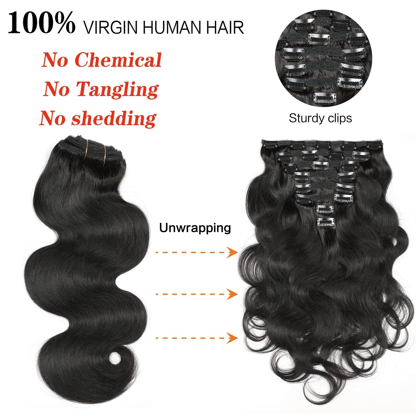 Yacurcur Body Wave Clip Ins Human Hair 8Pcs/Set 120 Gram Body Wave Clip in Hair Extensions 10A Brazilian Virgin Human Hair for Black Women Natural Black Color 16 Inch