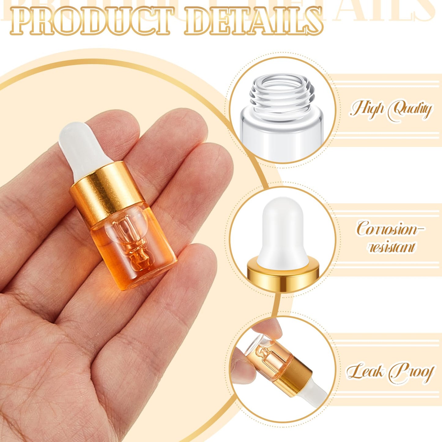 Didaey 100 Pcs 2 ml Mini Glass Oil Dropper Bottle Bulk, Clear Essential Small Empty Bottles Sample Containers Perfume Liquid Vials with Cap for Traveling(2 ml, Gold)