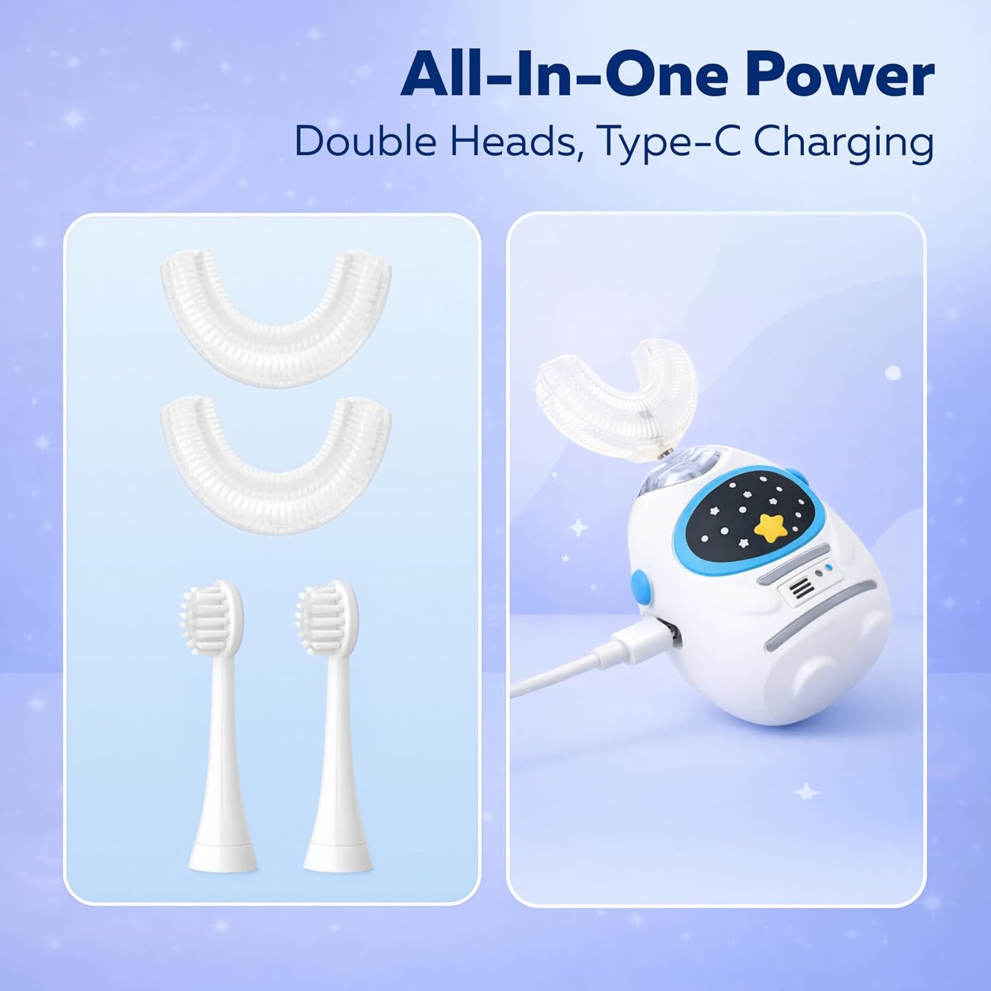 Kids U Shaped Electric Toothbrush - Music & Voice Guided, 4 Brush Heads, Rechargeable | Ages 3-7, Heroic White