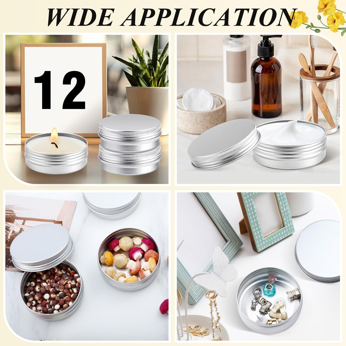 Bgtecho 60 Pack Aluminum Tin Cans, 2oz Metal Tins with Screw Lid, Aluminum Tin Jars, Round Tin Containers, Empty Metal Storage Tins, Small Tins for Lip Balm Cosmetic Lotion Bars Salve Spices Candles
