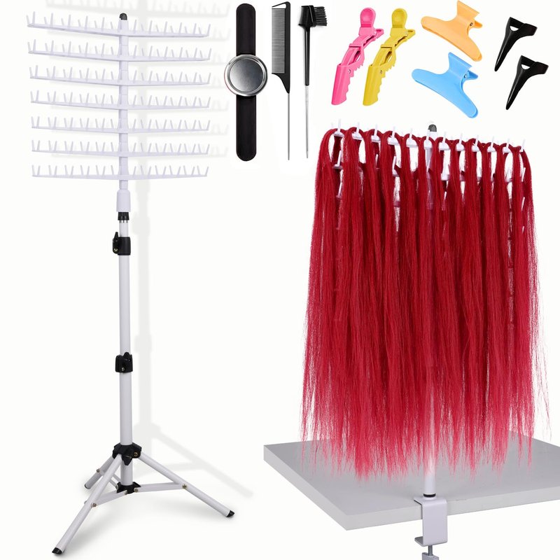 poipoilu Height Adjustable Braiding Hair Rack 168 pegs, Dual-use Braid rack with Clamp (White)