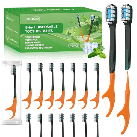 40Pack Disposable Toothbrushes with Toothpaste + Pick + Floss + Tongue Scraper 5-in-1 Mini Prepasted Travel Toothbrush for Hotel Camping Flight Car Single Use Portable Individually Wrapped | Mint