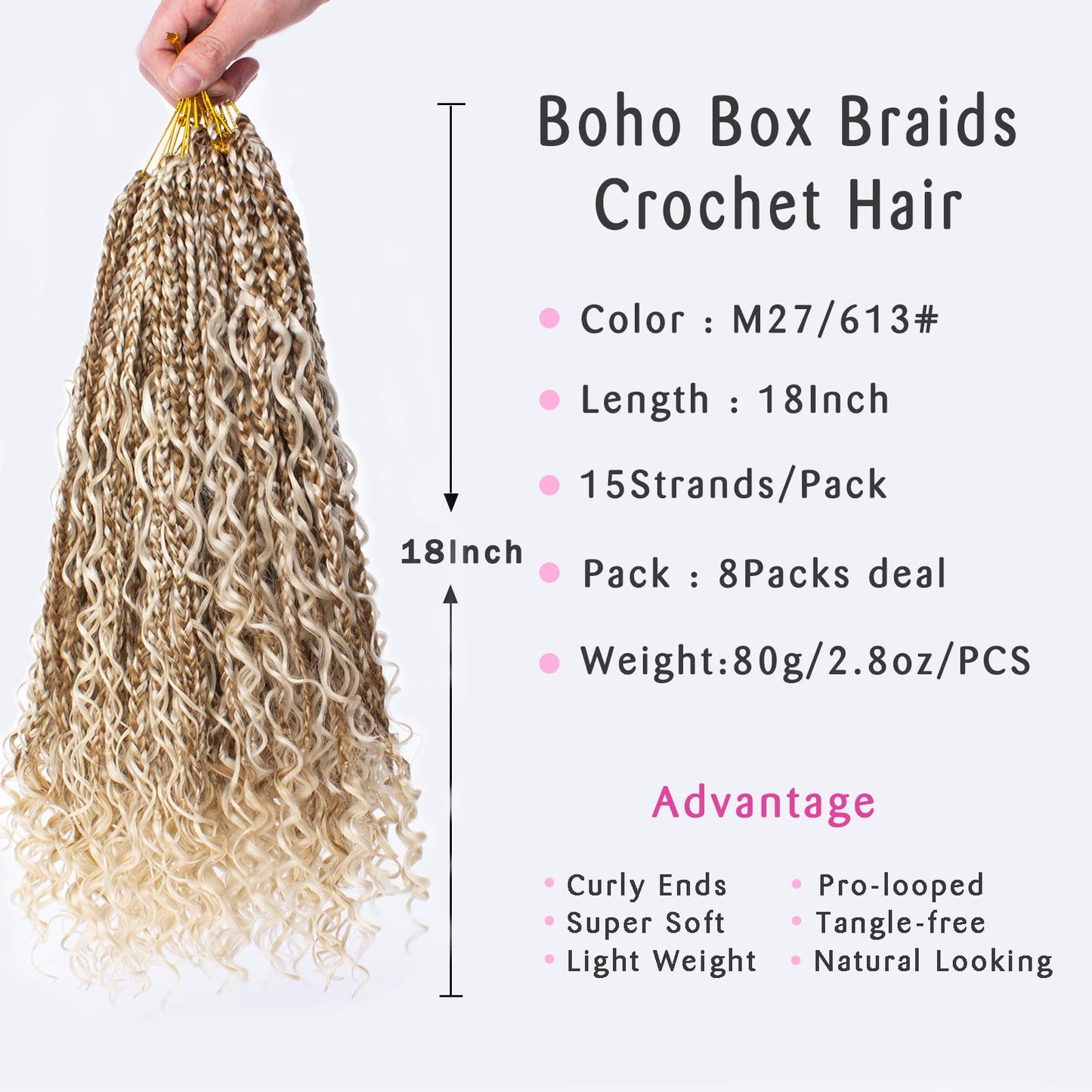 Unionbeauty 18 Inch Boho Box Braids Crochet Hair Pre-looped 8 PCS Goddess Box Braids Crochet Hair Curly Ends Mix Blonde Bohemian Hippie Crochet Braids Synthetic Braiding Hair for Black Woman M27/613#